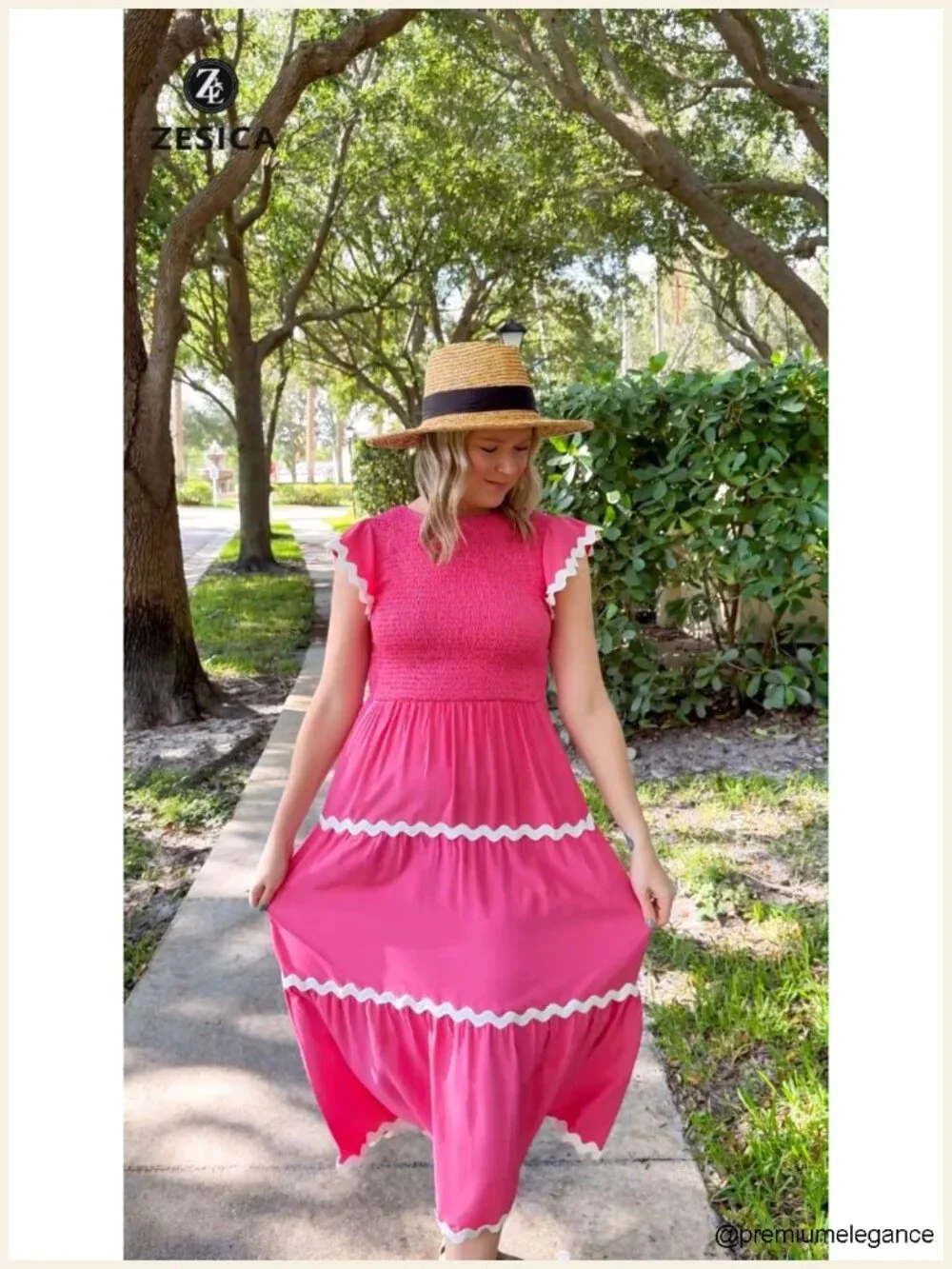Women's Smocked Flowy Midi Dress, Flutter Short Sleeve Casual